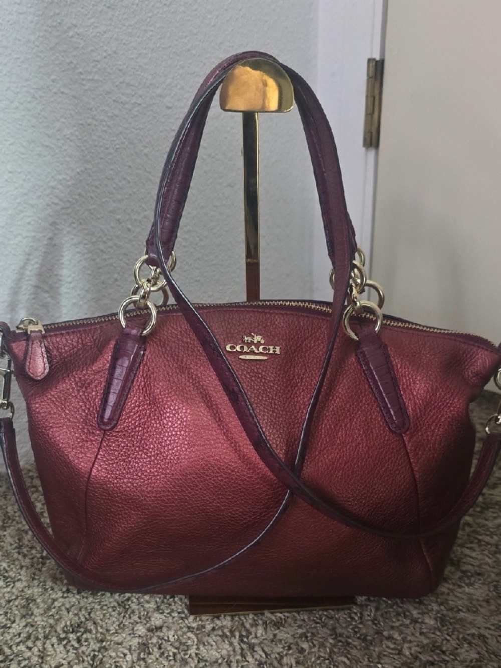 COACH Metallic Burgundy Leather Satchel